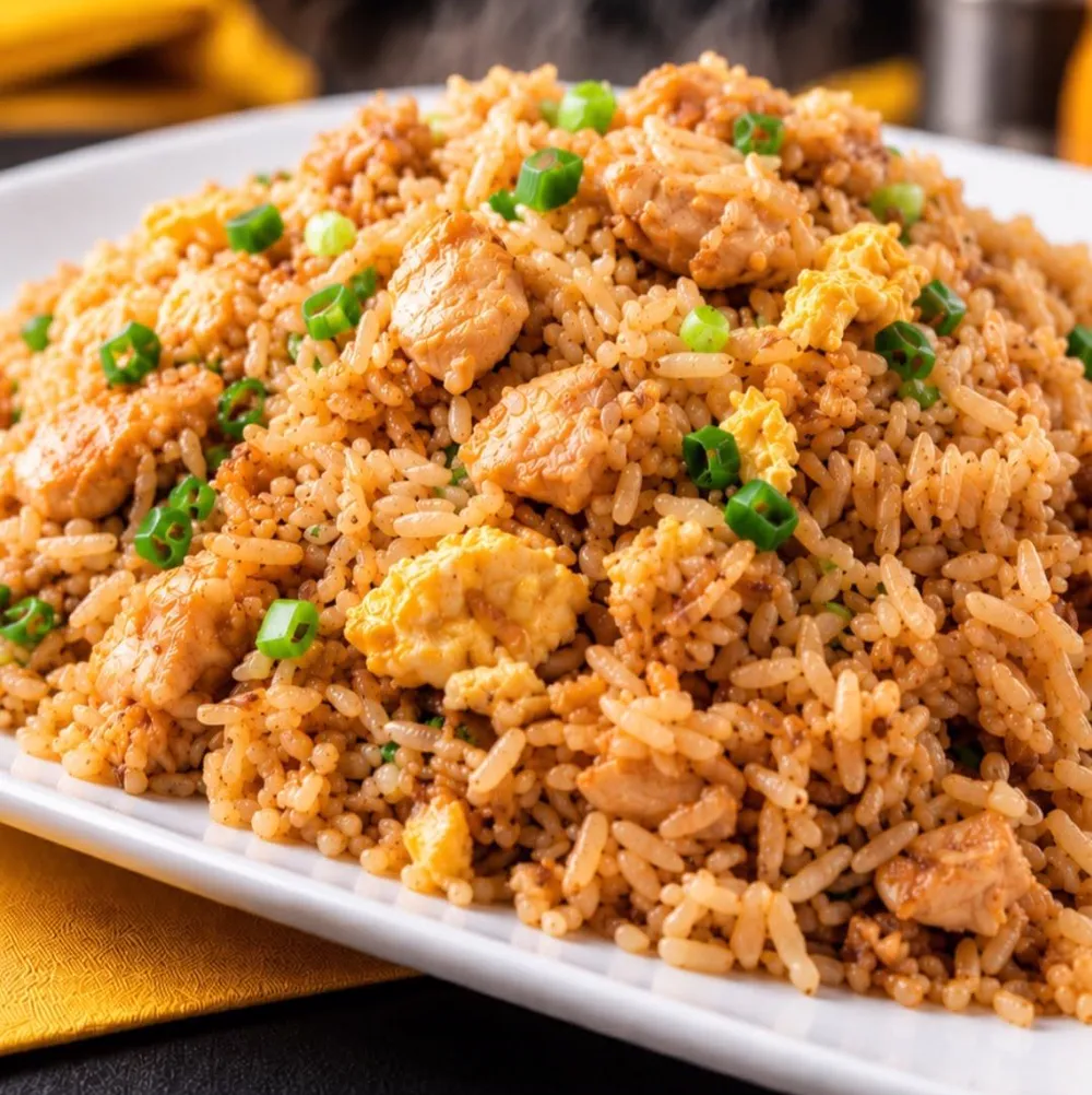 Arroz chaufa de pollo con cebollita china y tortilla