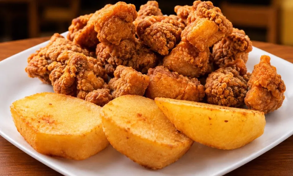 Chicharrón de pollo dorado con papas sancochadas fritas
